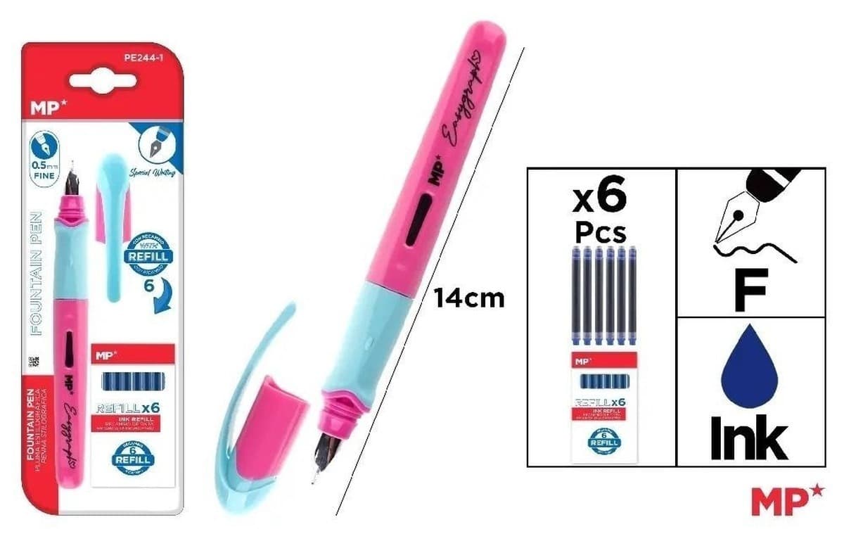 Pióro wieczne 0,5 mm różowe z 10 wkładami niebieskimi
