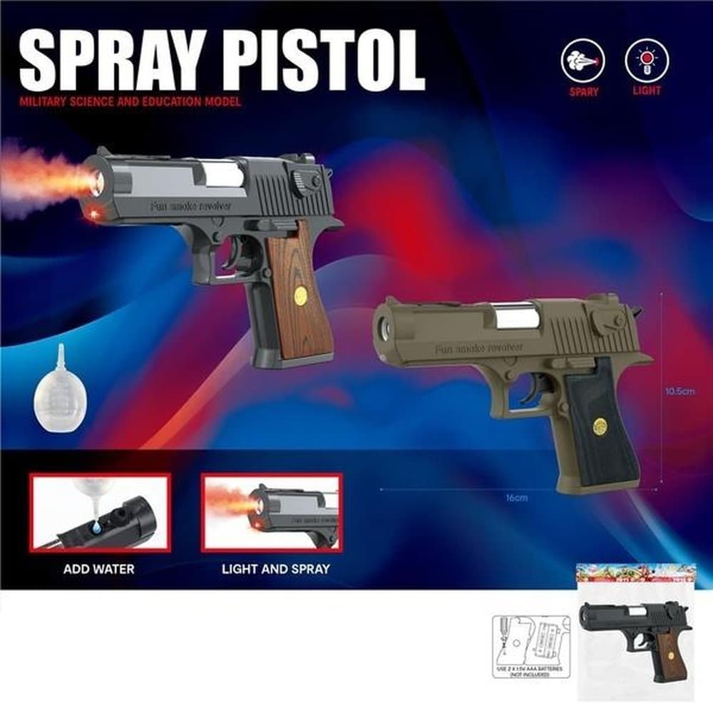 Pistolet elektroniczny na baterie z efektami dźwiękowymi, świetlnymi i parą wodną