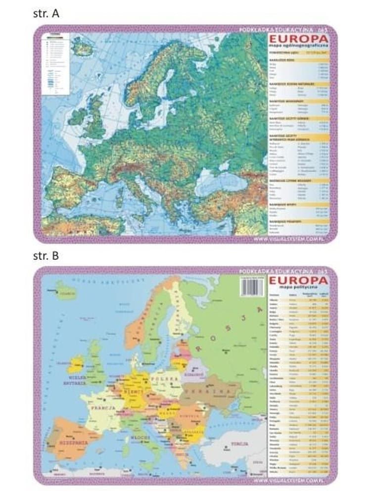 Podkładka edukacyjna Mapa Fizyczna i Polityczna Europy