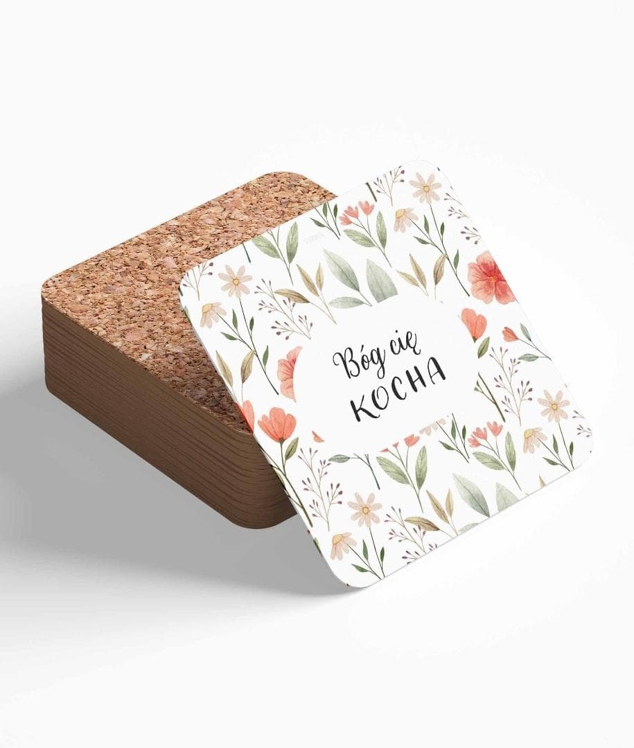 Podkładka korkowa Bóg Cię kocha z kwiatowym wzorem 10 x 10 cm