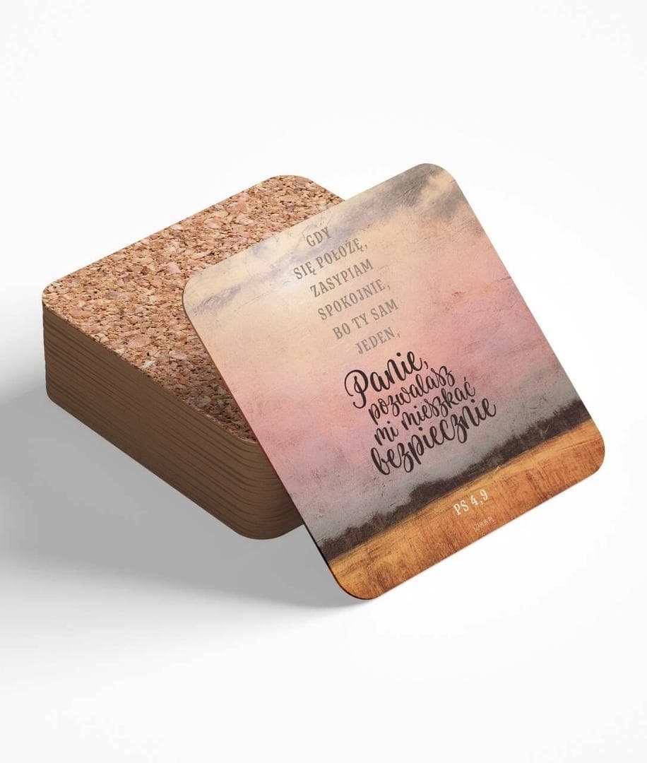 Podstawka korkowa pod kubek z cytatem biblijnym Psalm 95x97 mm