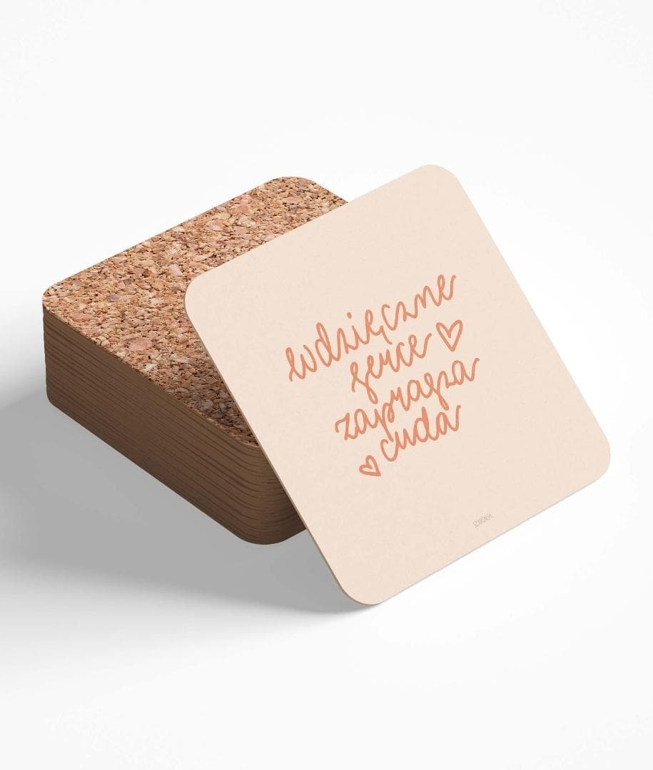 Podstawka korkowa Wdzięczne serce zaprasza cuda 10x10 cm