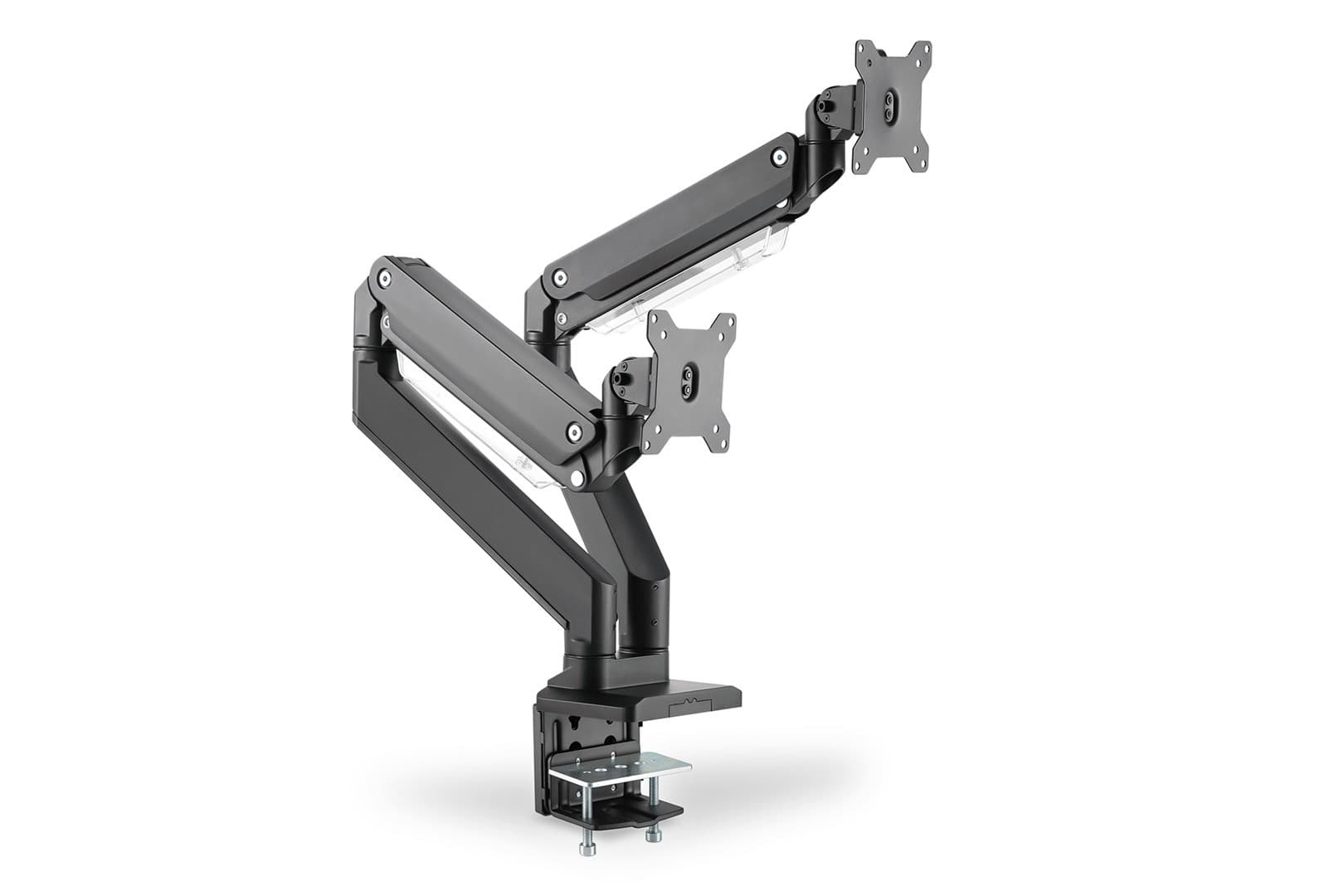 Podwójne ramię biurkowe z zaciskiem do 2xLCD, sprężyna gazowa, max 2x35 cali i 15 kg