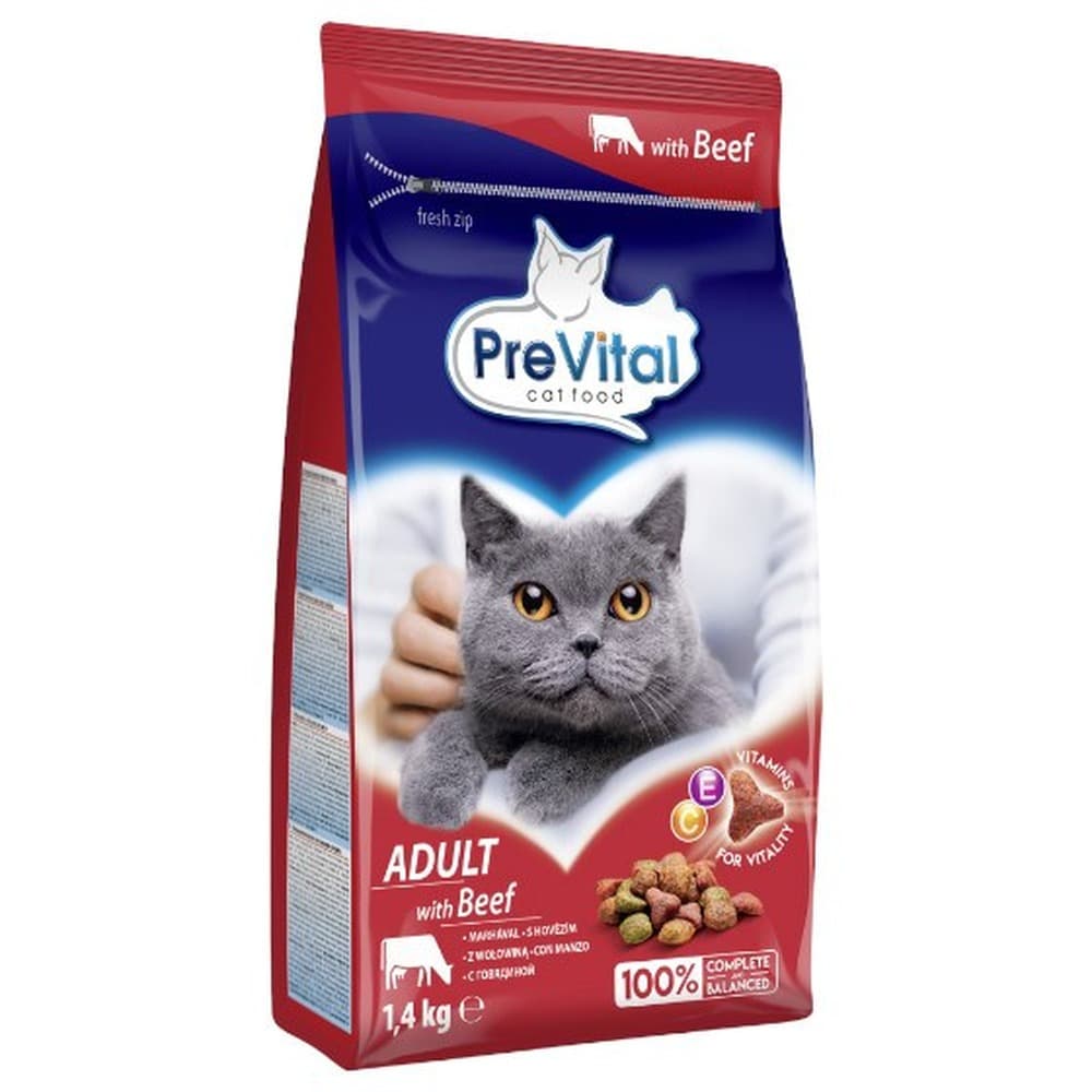 Karma dla kota Sucha z wołowiną, pełnoporcjowa Prevital 1,4 kg
