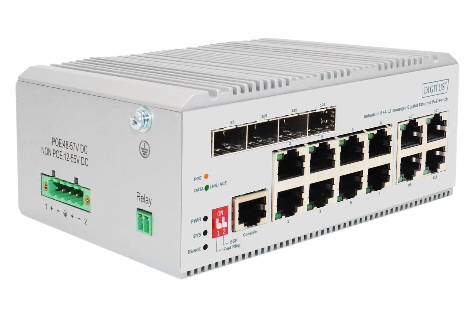 Przełącznik Industrial 8+4 L2 managed Gigabit Ethernet PoE, 8 Port PoE GE RJ45, 4 Port GE SFP
