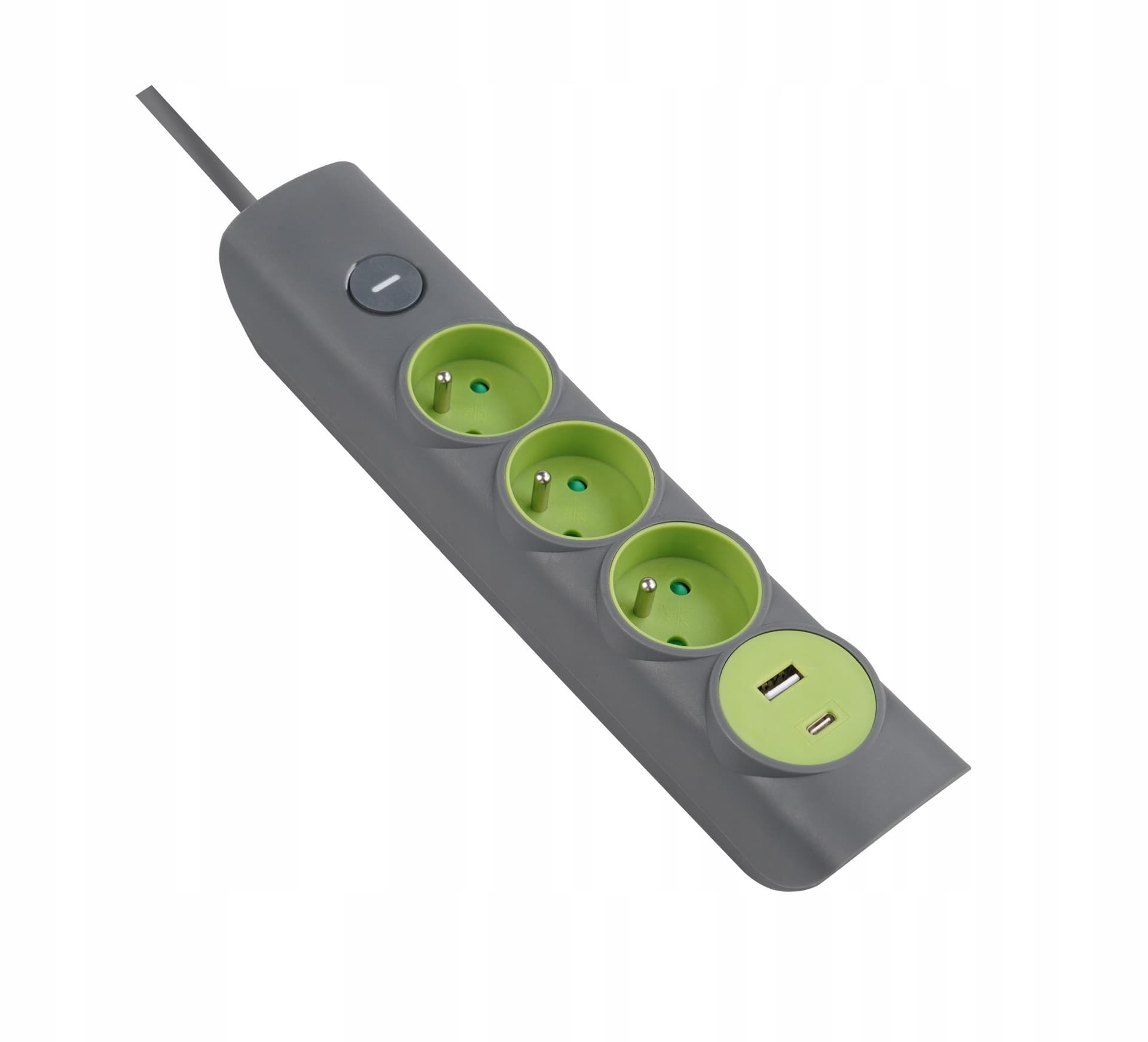 Przedłużacz 3 gn. z "0" z wył. 3m 1,5mm2 gniazdo usb a + usb c szaro-zielony