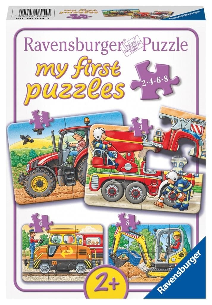 Puzzle 4 w 1 z motywem pracy pojazdów i zawodów