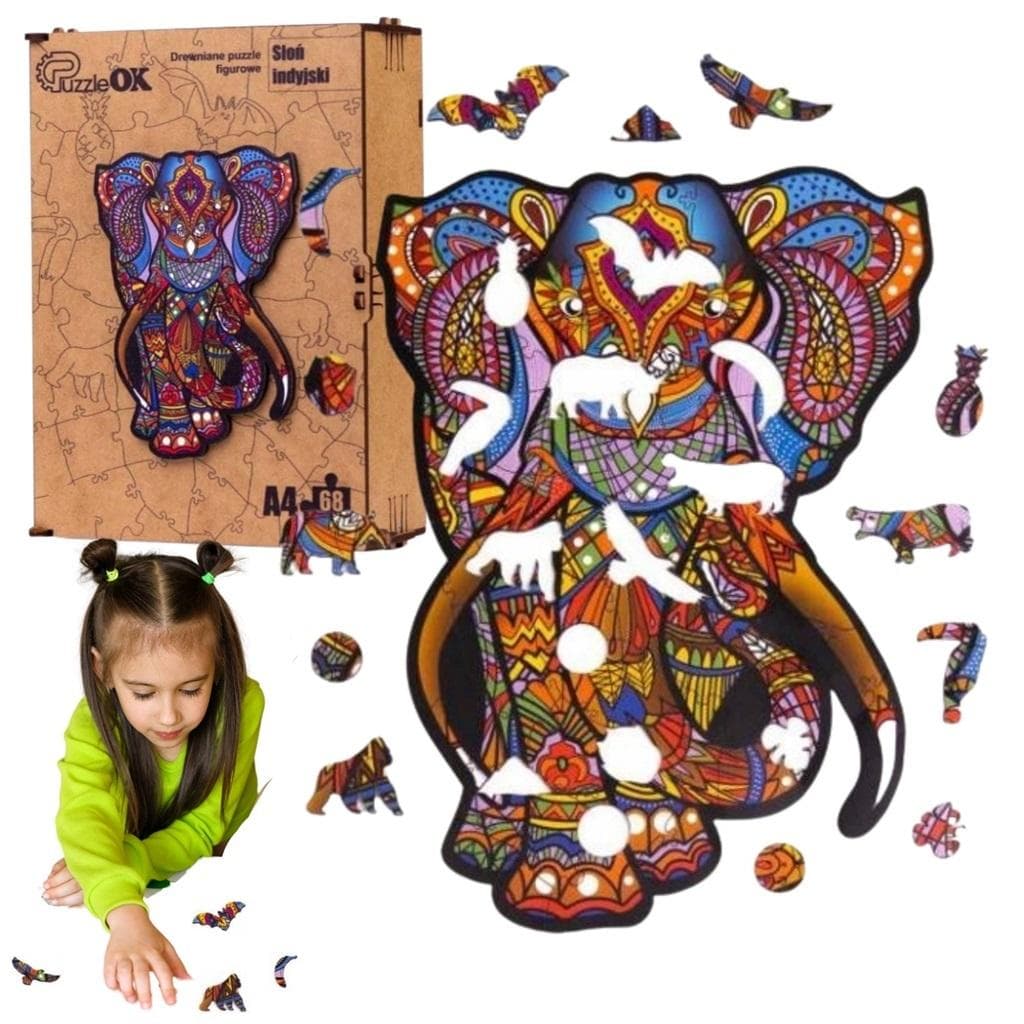 Drewniane Puzzle Eko Słoń Indyjski A4 68 Elementów