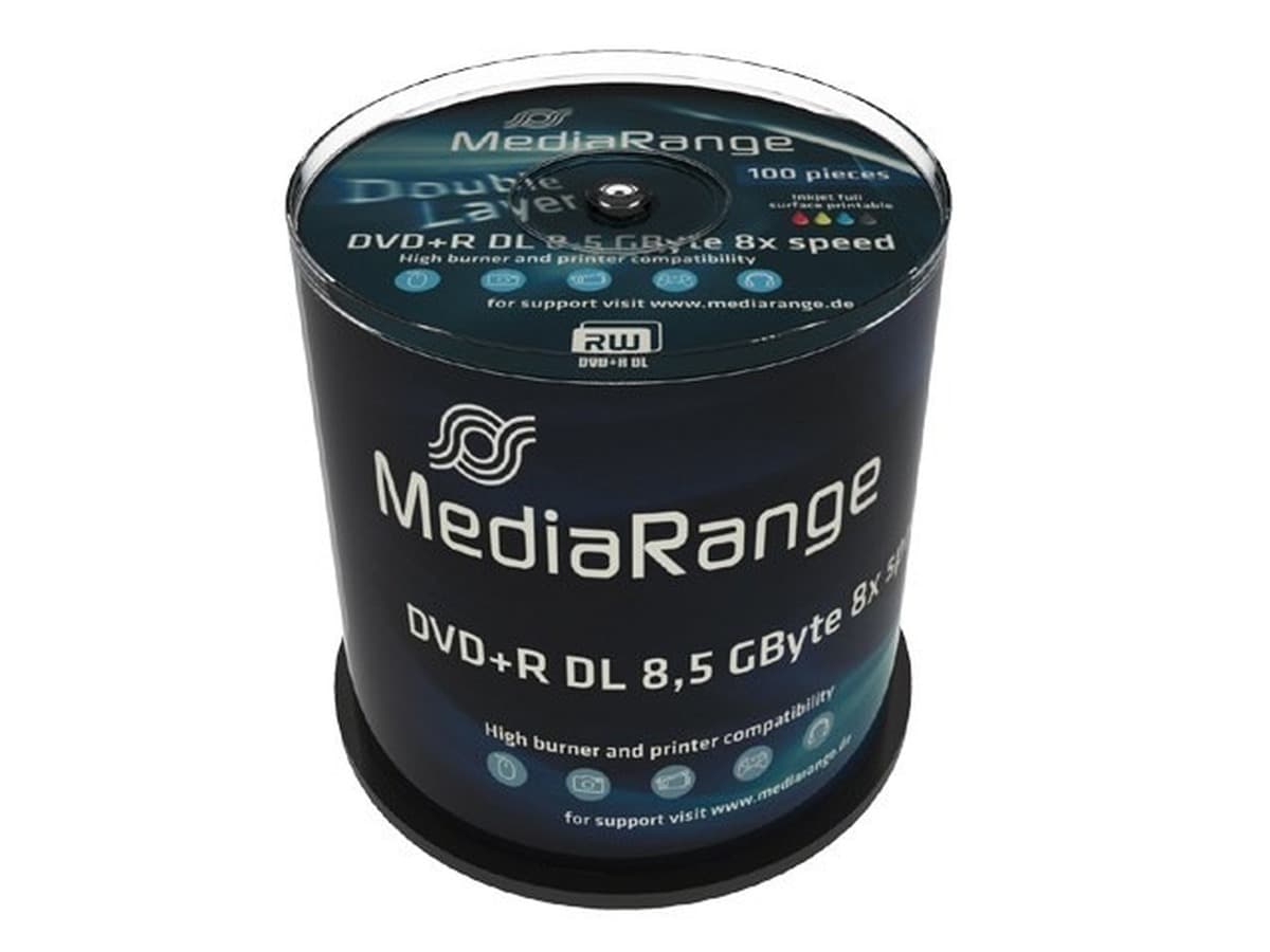 Płyty DVD+R MediaRange Double Layer 8.5GB, 100 sztuk, prędkość 8x, zadrukowane