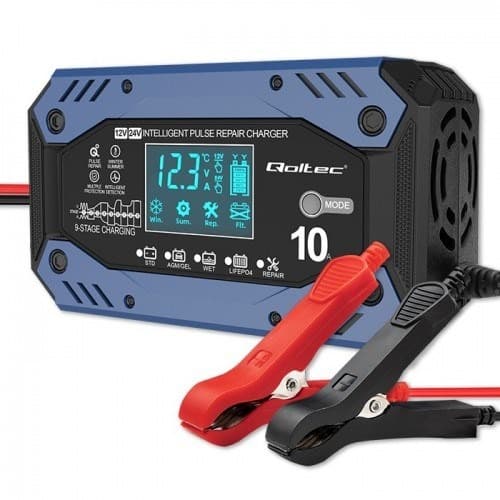 Qoltec Ładowarka do akumulatorów 12-24V 10A z funkcją naprawy i wyświetlaczem LCD