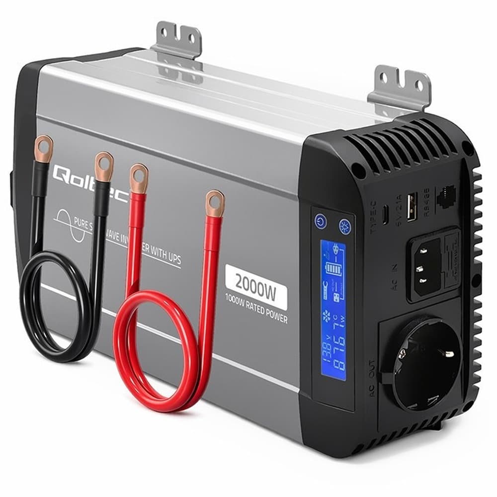Qoltec Przetwornica Napięcia Pure Sine Wave 1000/2000W UPS LCD USB USB-C 12V/230V LiFePO4 GEL AGM