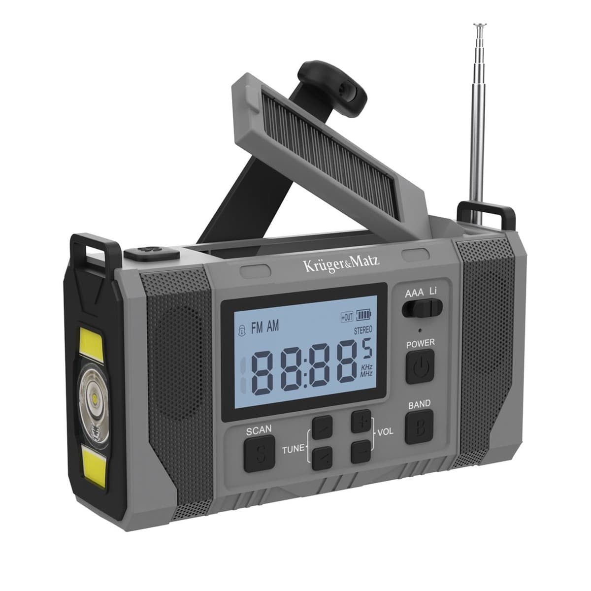 Radio solarne przenośne awaryjne SOS z powerbankiem 10000mAh latarką i dynamem Kruger&Matz