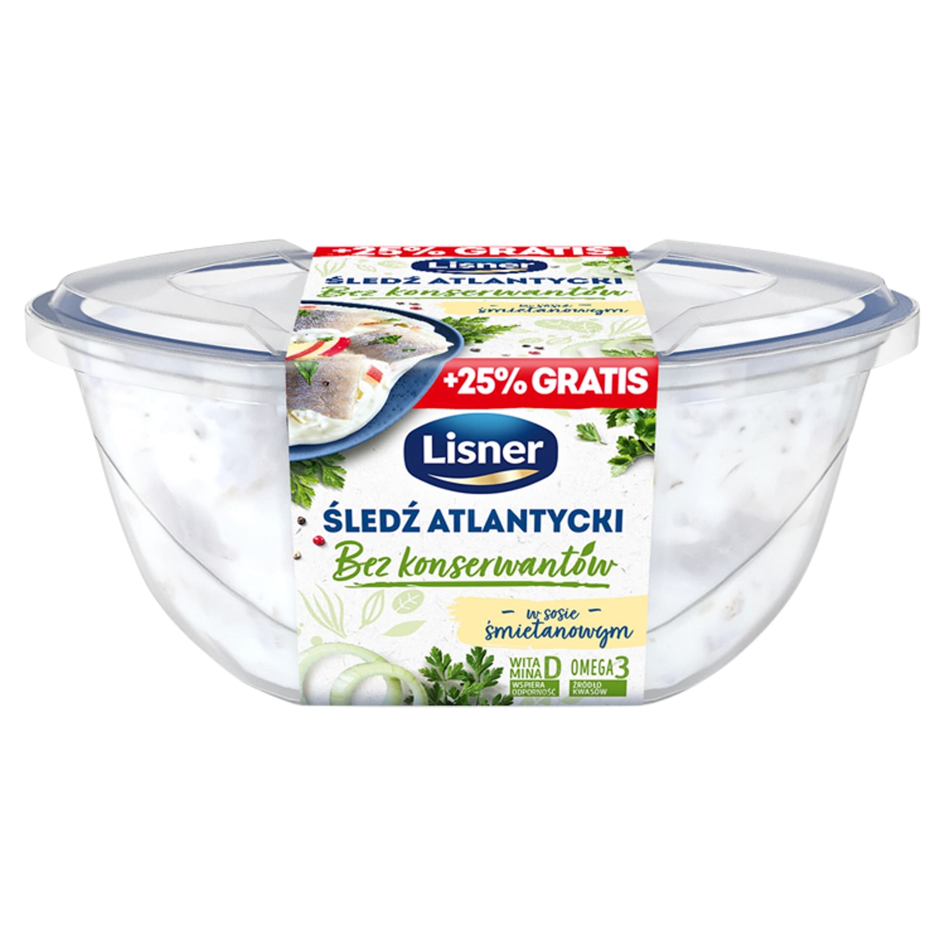 Śledź atlantycki bez konserwantów w sosie śmietanowym Lisner 280g+70g gratis