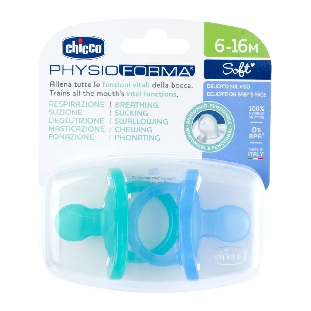 Smoczek uspokajający Chicco PhysioForma Soft niebieski 2 sztuki 6-16 miesięcy