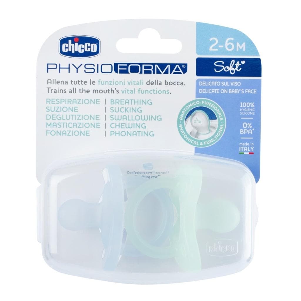 Smoczek uspokajający Chicco PhysioForma Soft silikonowy niebieski 2 sztuki 2-6m