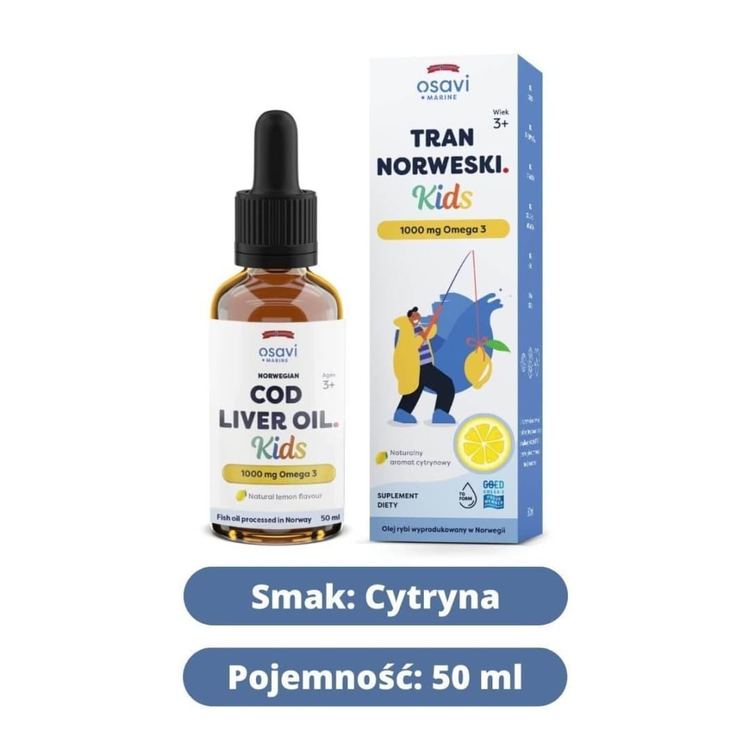 Suplement diety w postaci tranu z wątroby dorsza o smaku cytrynowym dla dzieci Osavi Cod Liver Oil Kids 1000 Mg Omega 3 (50 ml)