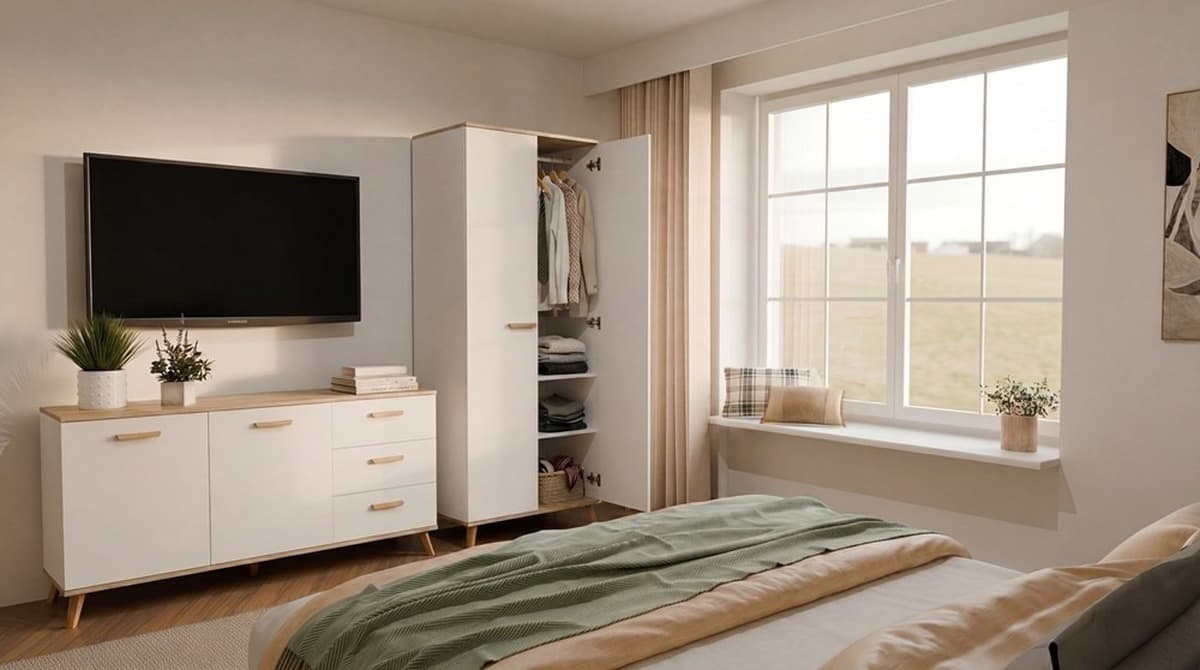 Szafa ubraniowa OLYMPO 2D biała dąb artisan 80 cm drążek 2 drzwi sypialnia