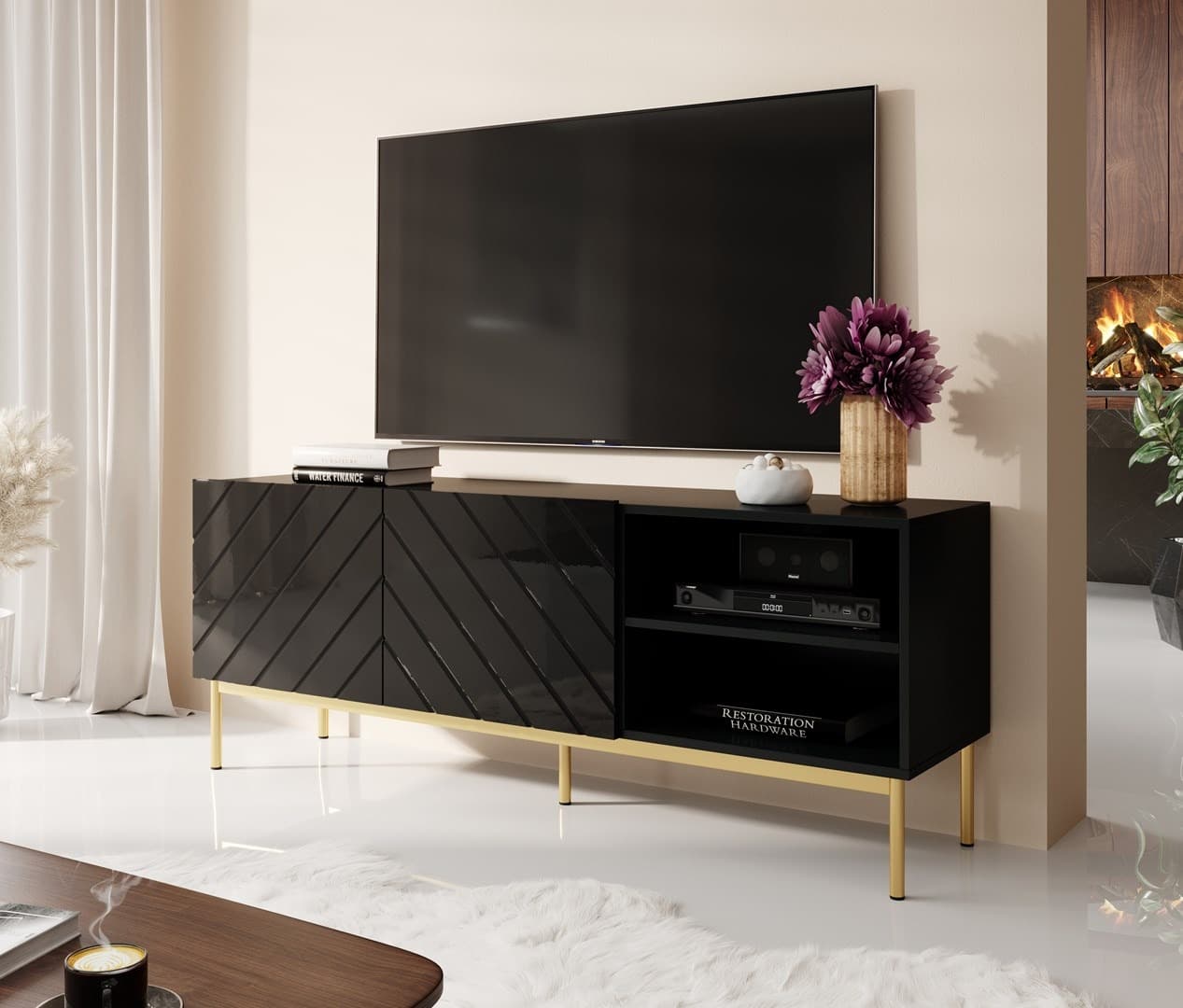 Szafka RTV Abeto 150x42x60 cm na złotym stelażu
