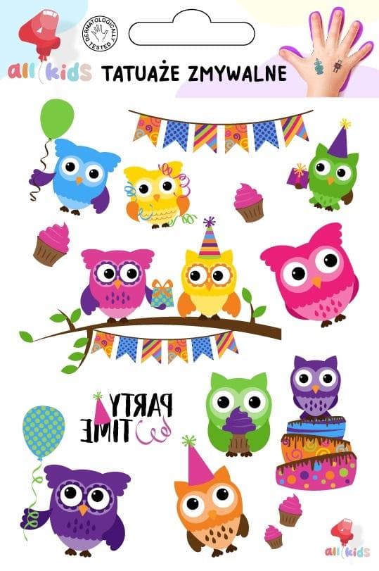All4Kids Tatuaże zmywalne dla dzieci Kolorowe Sówki bezpieczne dla skóry