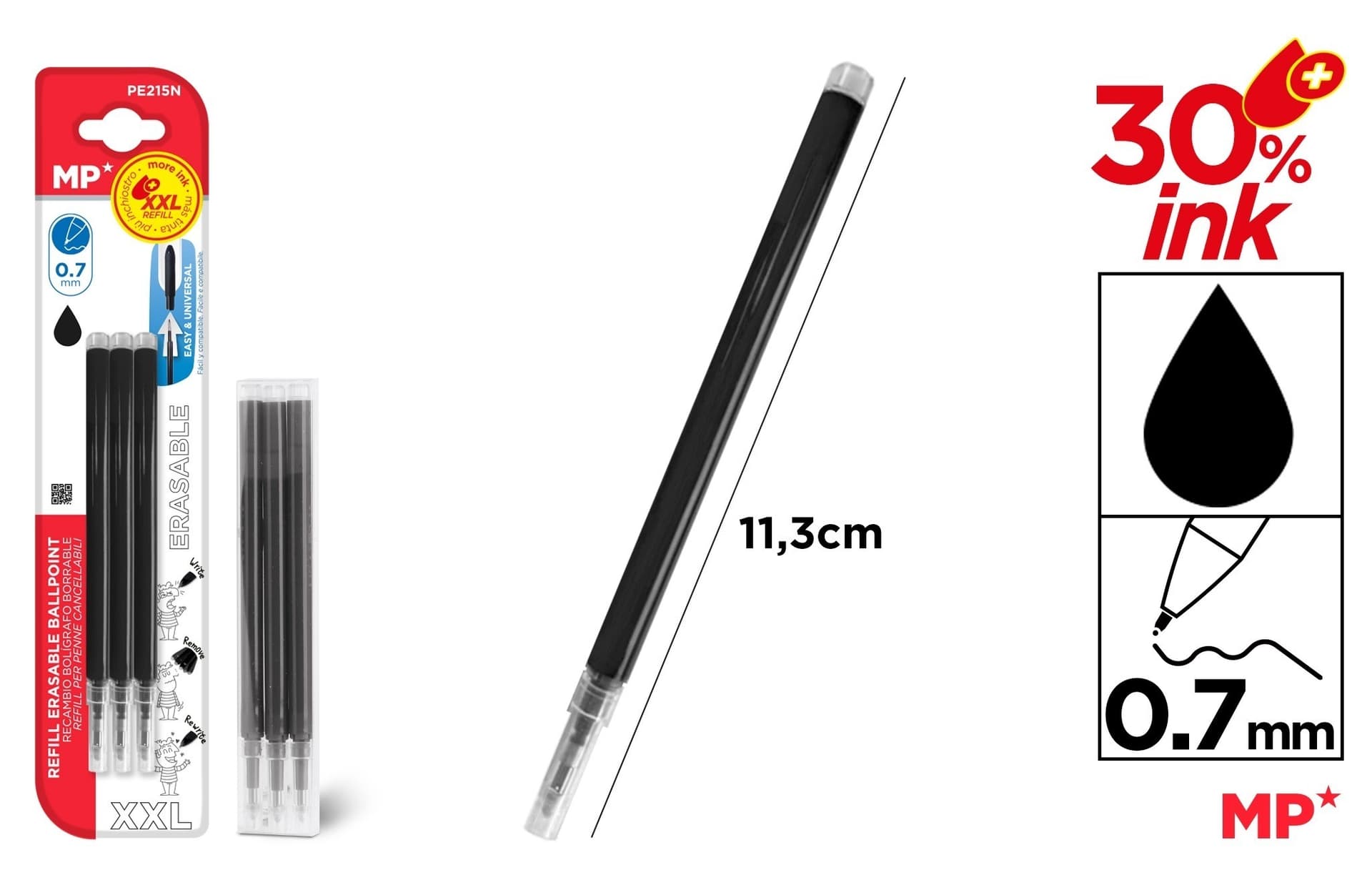 Wkłady do długopisów ścieralnych MP XXL 0.7mm czarne 3szt.blister