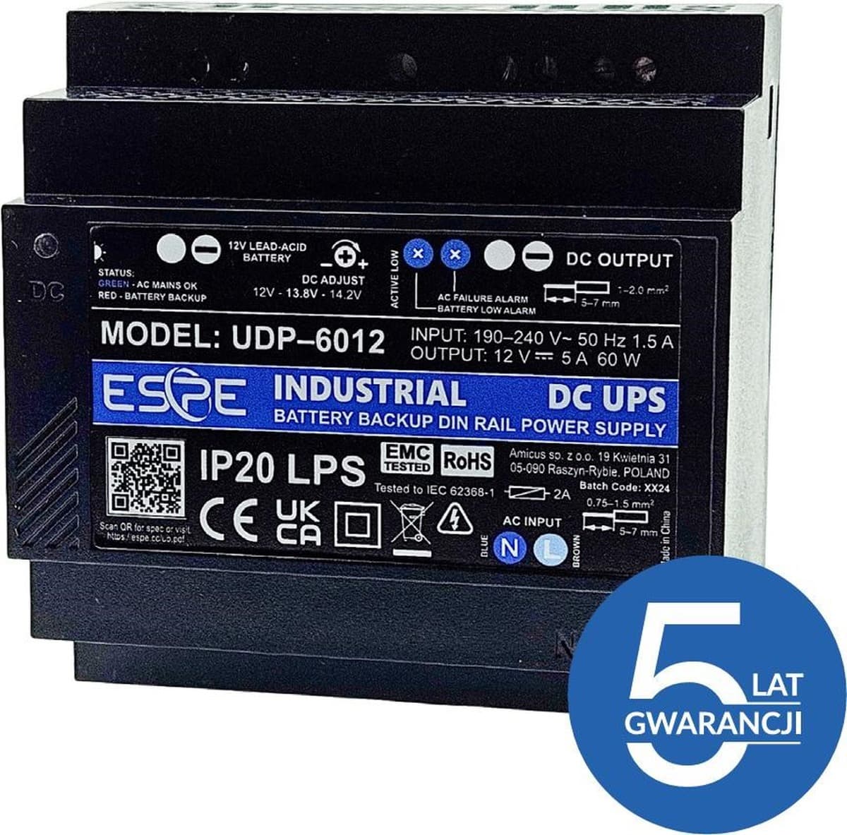 Zasilacz impulsowy buforowy ESPE UDP-6012 12V 60W 5A