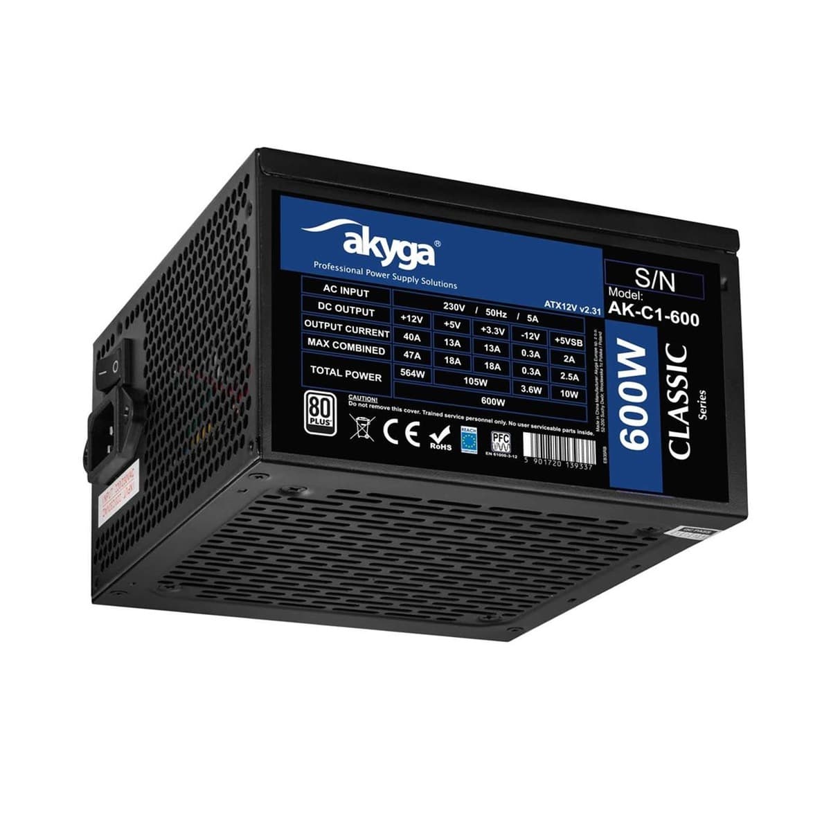 Zasilacz komputerowy ATX 600W Akyga AK-C1-600 z aktywnym PFC 12cm wentylator