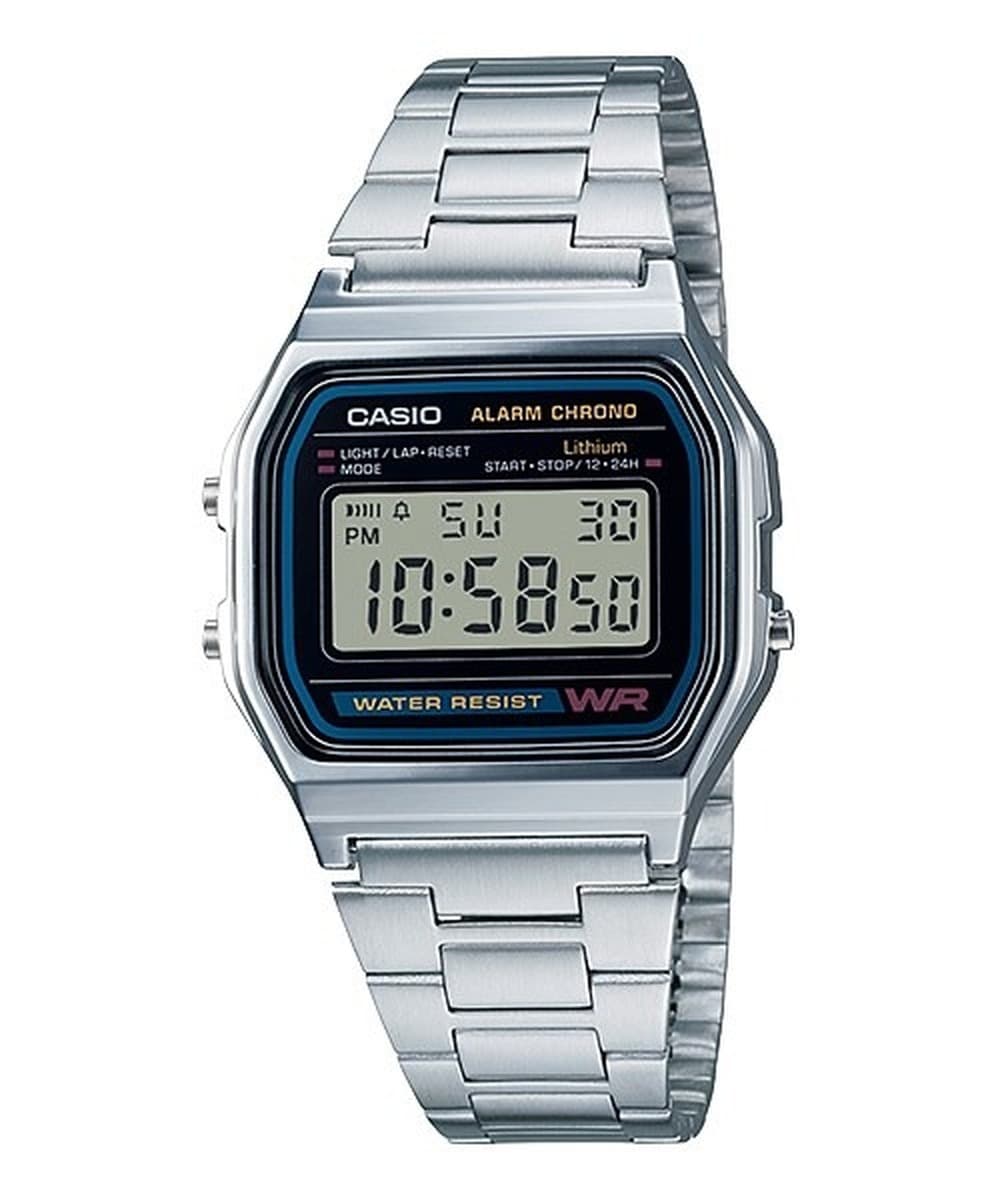 Zegarek cyfrowy CASIO A158WA-1DF vintage unisex na bransolecie stalowej czarno-srebrny