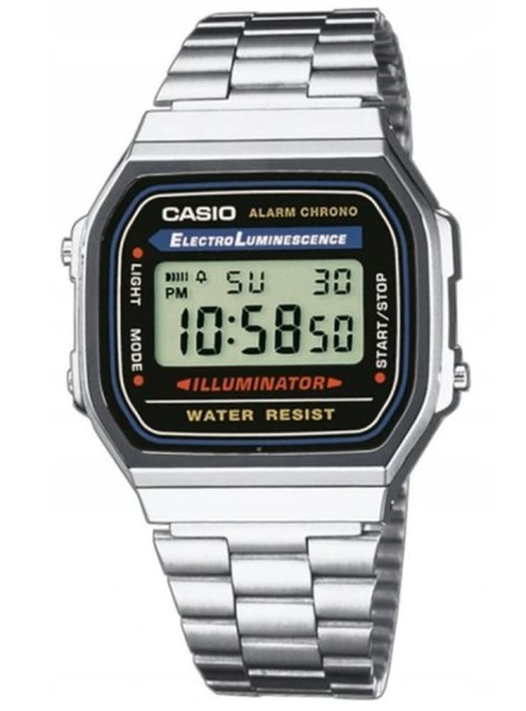 Zegarek cyfrowy unisex Casio A168WA z bransoletą ze stali nierdzewnej, srebrny