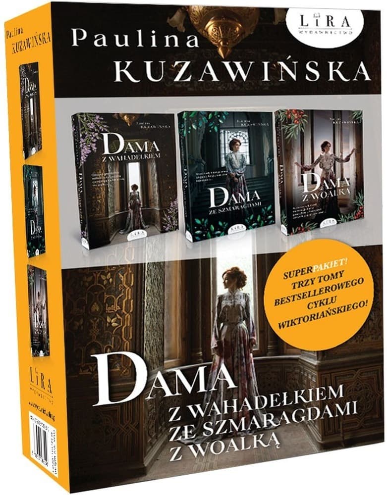 Zestaw powieści Pauliny Kuzawińskiej: Dama z wahadełkiem, Dama ze szmaragdami, Dama z woalką